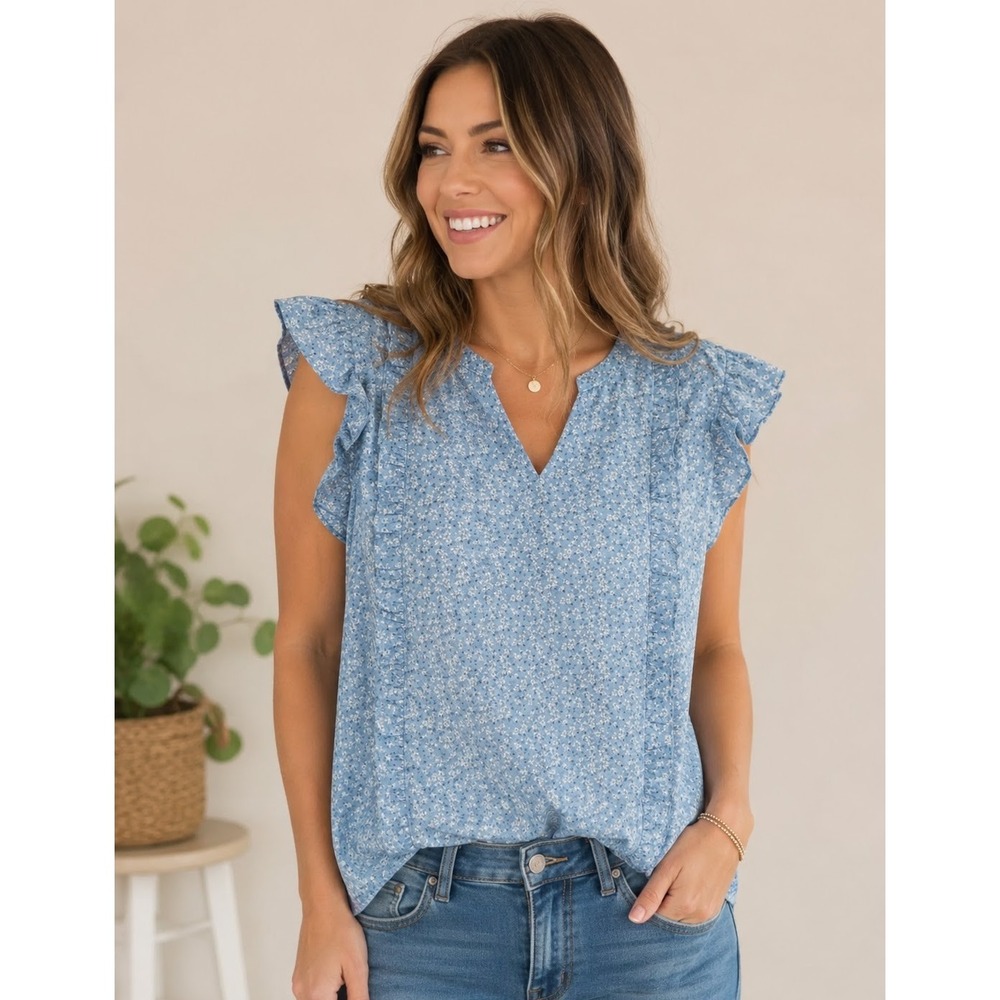 Timeson Women Top L Blue Floral Ruffle V-Neck Sleeveless